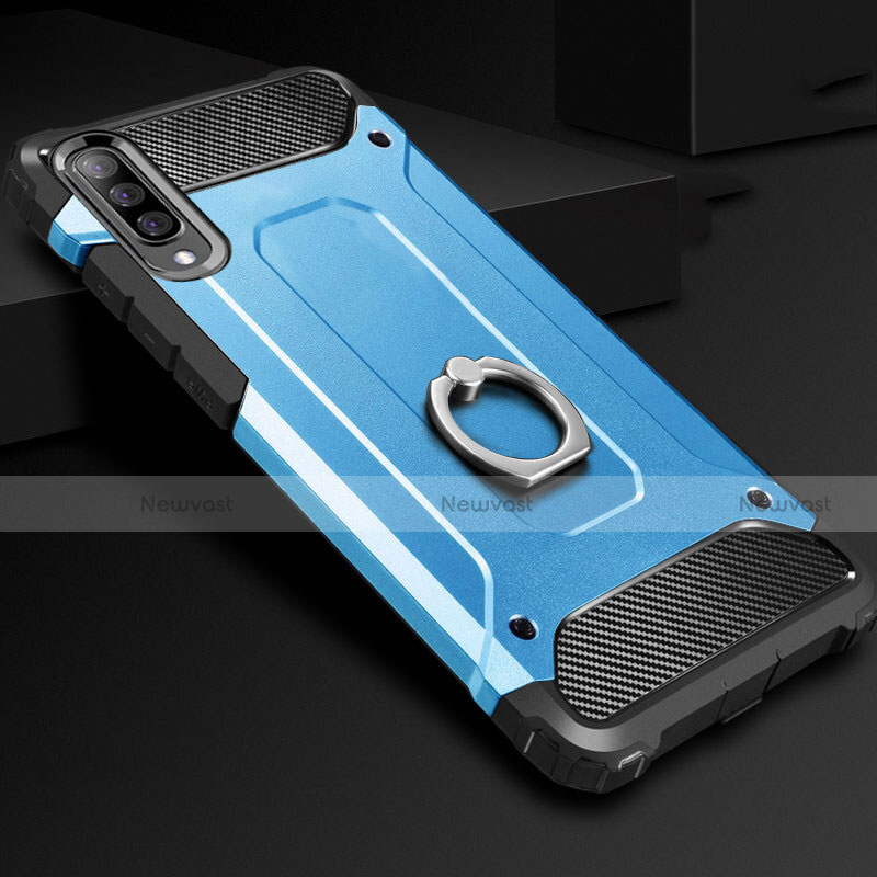Silicone Matte Finish and Plastic Back Cover Case with Finger Ring Stand H01 for Samsung Galaxy A70 Sky Blue