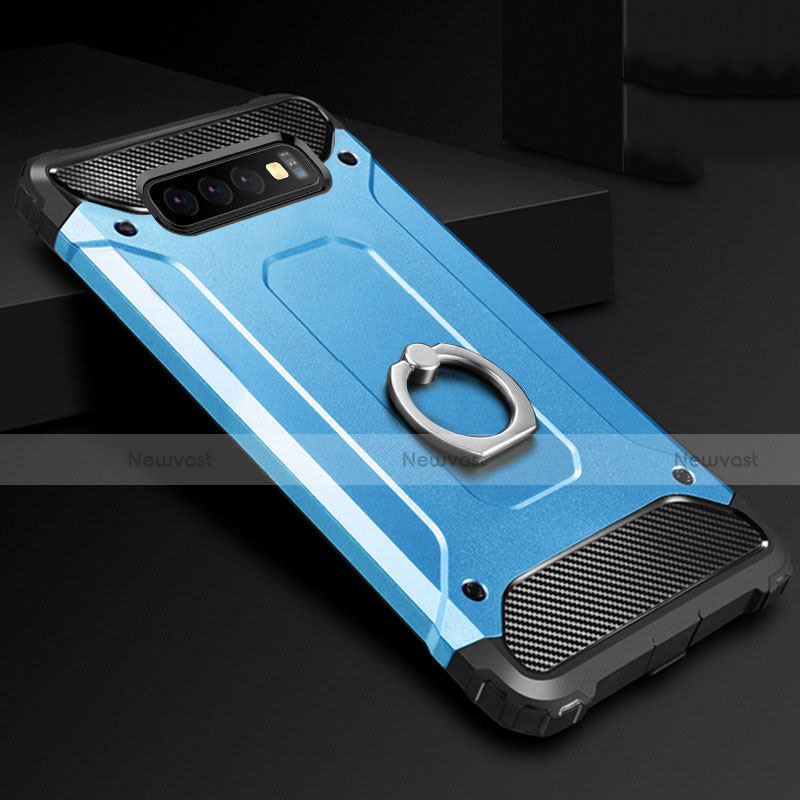 Silicone Matte Finish and Plastic Back Cover Case with Finger Ring Stand H01 for Samsung Galaxy S10 5G Sky Blue