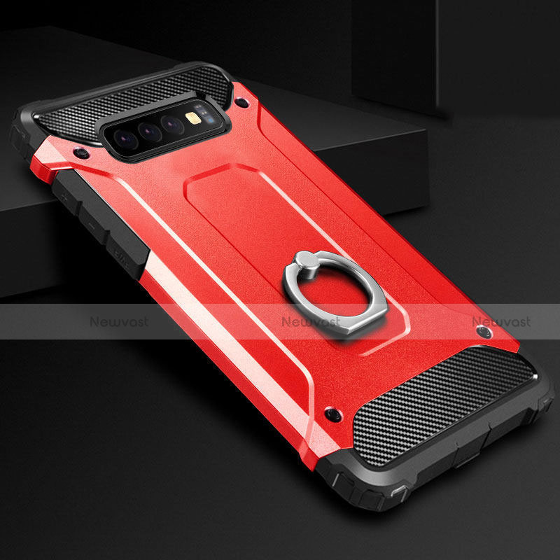 Silicone Matte Finish and Plastic Back Cover Case with Finger Ring Stand H01 for Samsung Galaxy S10 Plus Red