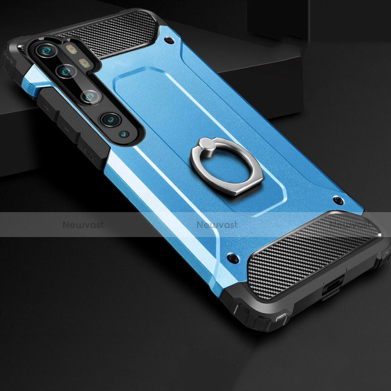 Silicone Matte Finish and Plastic Back Cover Case with Finger Ring Stand H01 for Xiaomi Mi Note 10 Pro Blue