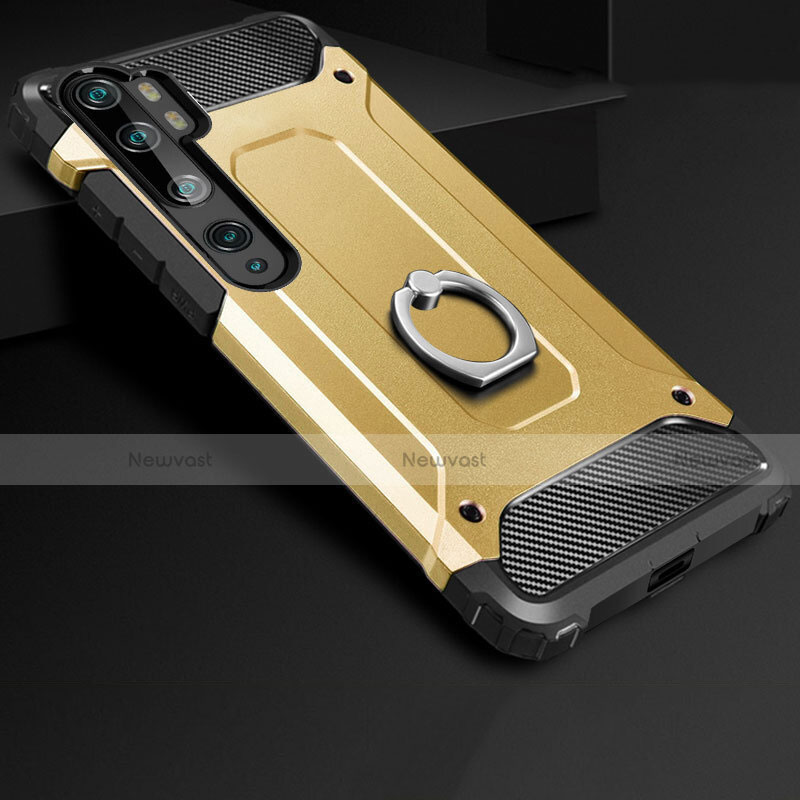 Silicone Matte Finish and Plastic Back Cover Case with Finger Ring Stand H01 for Xiaomi Mi Note 10 Pro Gold