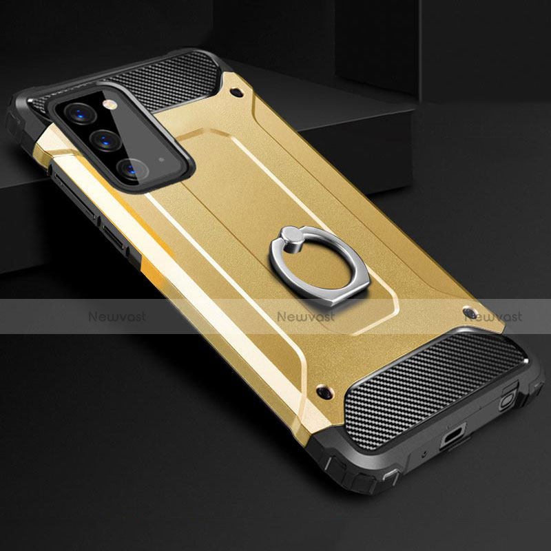 Silicone Matte Finish and Plastic Back Cover Case with Finger Ring Stand N01 for Samsung Galaxy Note 20 5G Gold