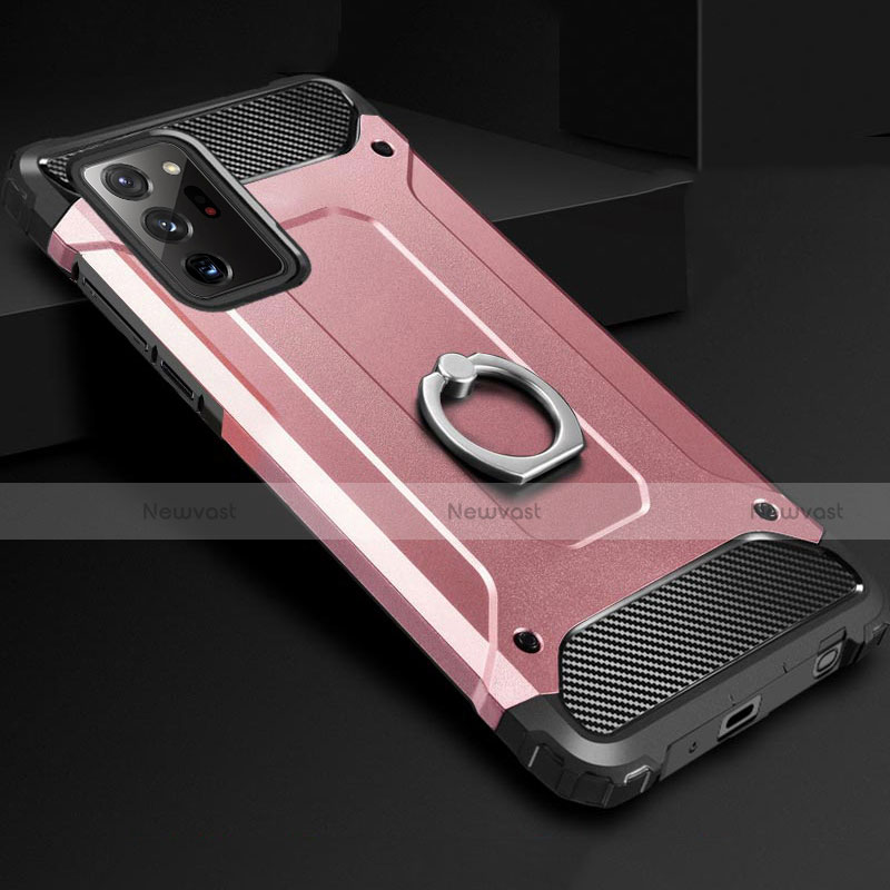 Silicone Matte Finish and Plastic Back Cover Case with Finger Ring Stand N01 for Samsung Galaxy Note 20 Ultra 5G