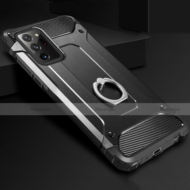 Silicone Matte Finish and Plastic Back Cover Case with Finger Ring Stand N01 for Samsung Galaxy Note 20 Ultra 5G