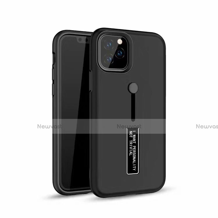 Silicone Matte Finish and Plastic Back Cover Case with Finger Ring Stand S01 for Apple iPhone 11 Pro Black