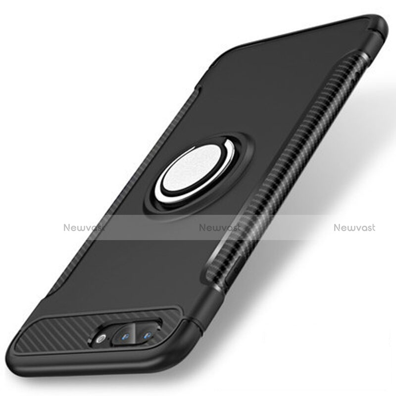 Silicone Matte Finish and Plastic Back Cover Case with Finger Ring Stand S01 for Apple iPhone 8 Plus Black