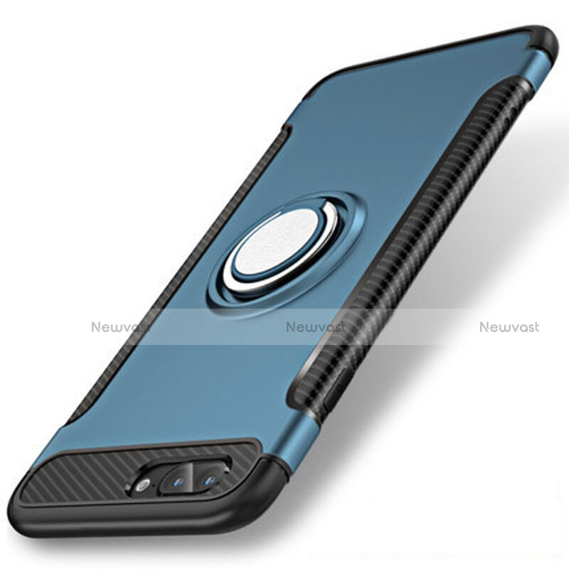 Silicone Matte Finish and Plastic Back Cover Case with Finger Ring Stand S01 for Apple iPhone 8 Plus Blue