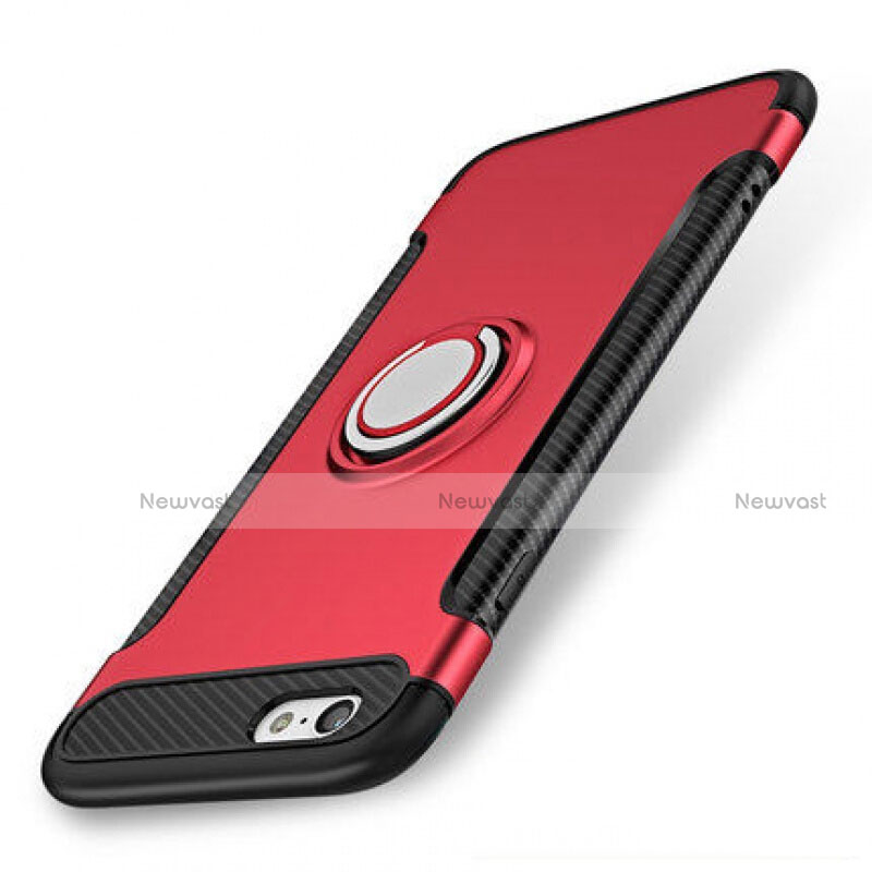 Silicone Matte Finish and Plastic Back Cover Case with Finger Ring Stand S01 for Apple iPhone SE (2020) Red