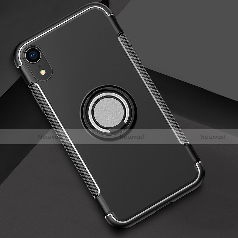 Silicone Matte Finish and Plastic Back Cover Case with Finger Ring Stand S01 for Apple iPhone XR Black