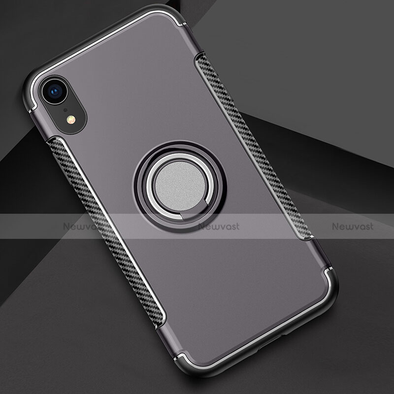 Silicone Matte Finish and Plastic Back Cover Case with Finger Ring Stand S01 for Apple iPhone XR Gray