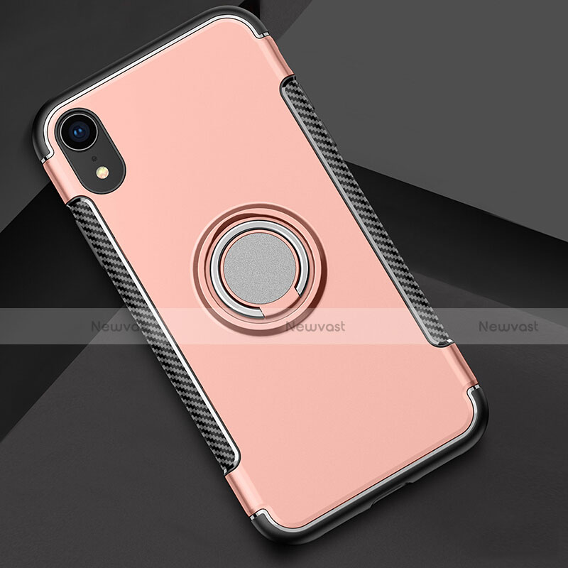 Silicone Matte Finish and Plastic Back Cover Case with Finger Ring Stand S01 for Apple iPhone XR Rose Gold