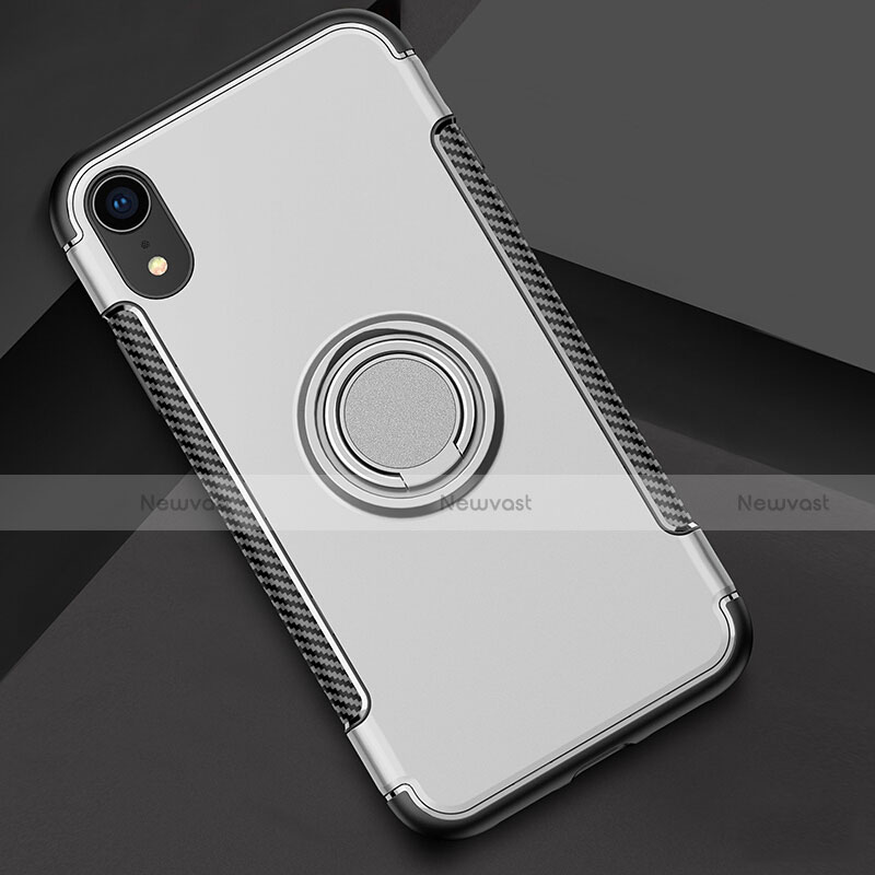 Silicone Matte Finish and Plastic Back Cover Case with Finger Ring Stand S01 for Apple iPhone XR Silver