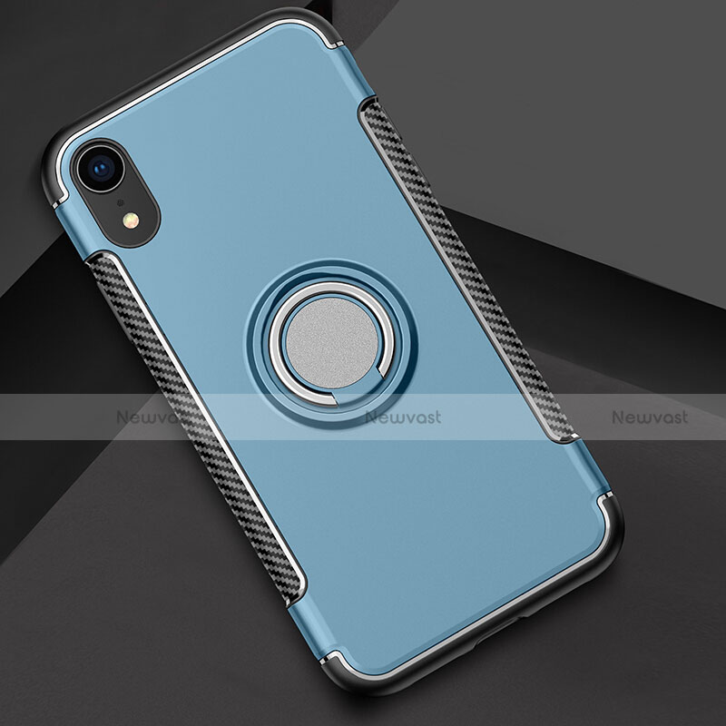 Silicone Matte Finish and Plastic Back Cover Case with Finger Ring Stand S01 for Apple iPhone XR Sky Blue