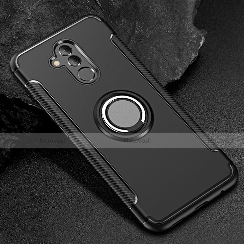 Silicone Matte Finish and Plastic Back Cover Case with Finger Ring Stand S01 for Huawei Mate 20 Lite Black