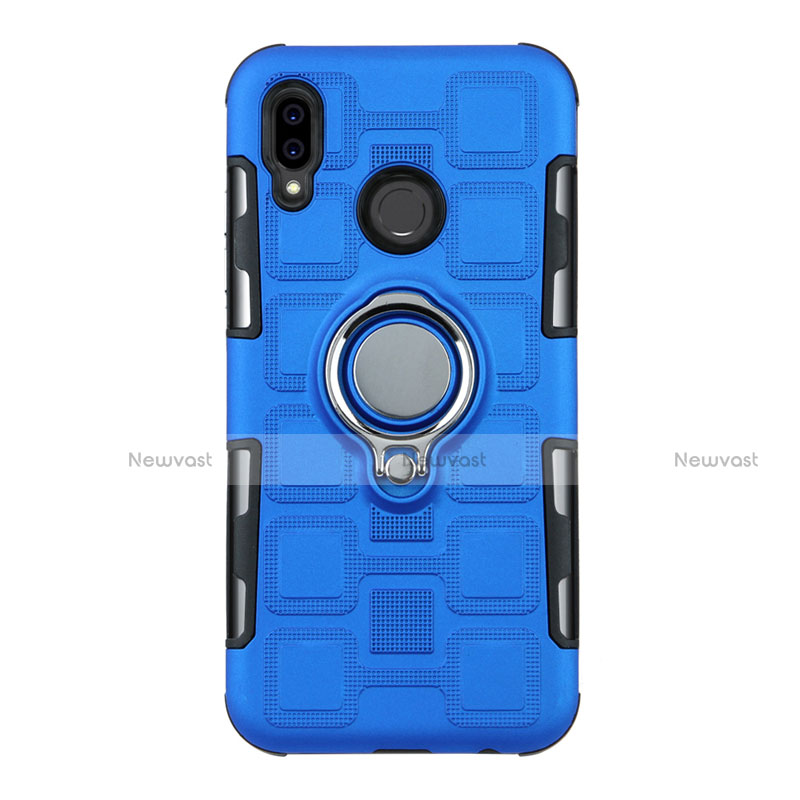 Silicone Matte Finish and Plastic Back Cover Case with Finger Ring Stand S01 for Huawei Nova 3e Blue