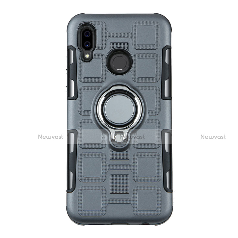 Silicone Matte Finish and Plastic Back Cover Case with Finger Ring Stand S01 for Huawei Nova 3e Gray