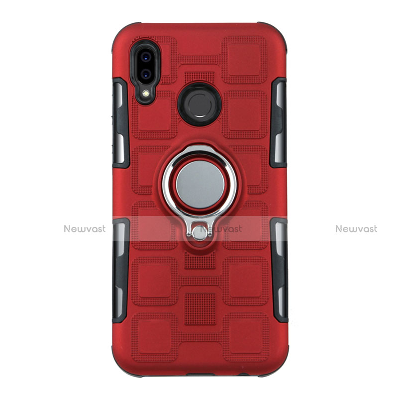 Silicone Matte Finish and Plastic Back Cover Case with Finger Ring Stand S01 for Huawei Nova 3e Red