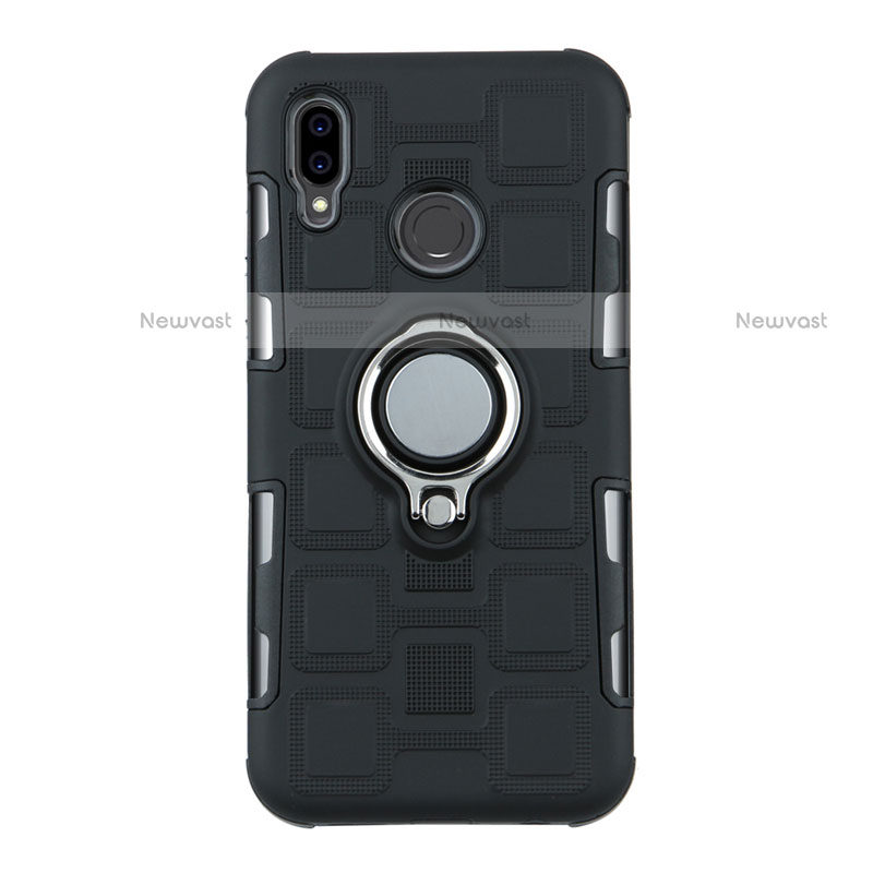 Silicone Matte Finish and Plastic Back Cover Case with Finger Ring Stand S01 for Huawei P20 Lite Black