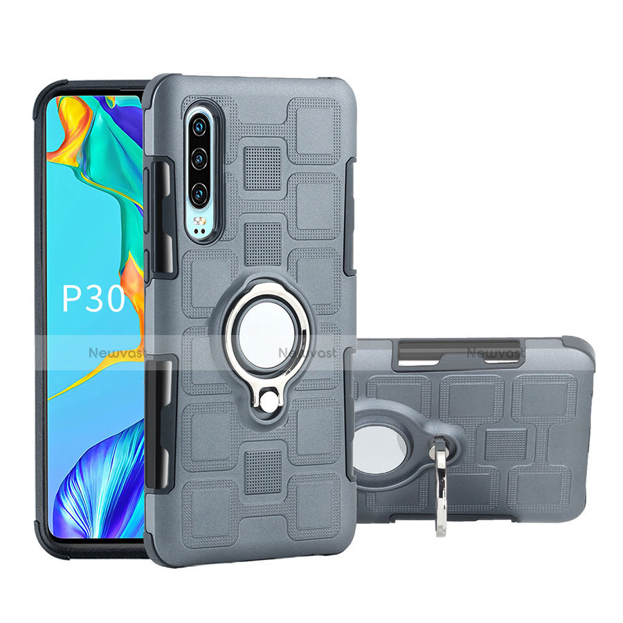Silicone Matte Finish and Plastic Back Cover Case with Finger Ring Stand S01 for Huawei P30 Gray