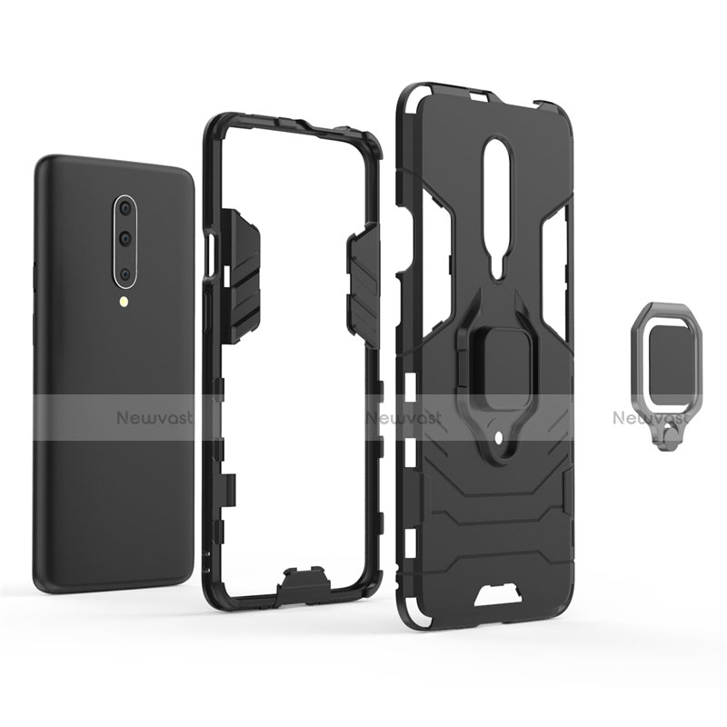 Silicone Matte Finish and Plastic Back Cover Case with Finger Ring Stand S01 for OnePlus 7 Pro