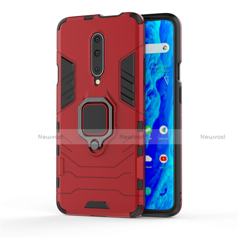 Silicone Matte Finish and Plastic Back Cover Case with Finger Ring Stand S01 for OnePlus 7 Pro Red