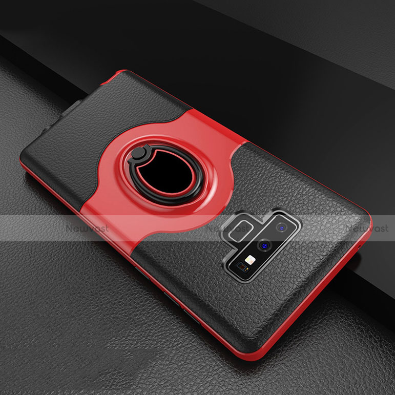 Silicone Matte Finish and Plastic Back Cover Case with Finger Ring Stand S01 for Samsung Galaxy Note 9 Red