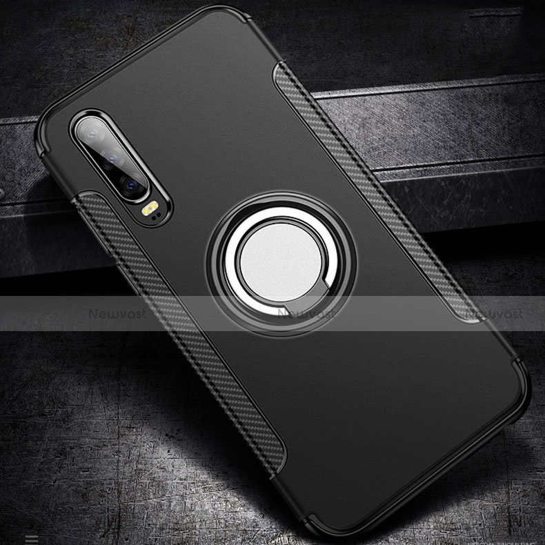 Silicone Matte Finish and Plastic Back Cover Case with Finger Ring Stand S02 for Huawei P30 Black
