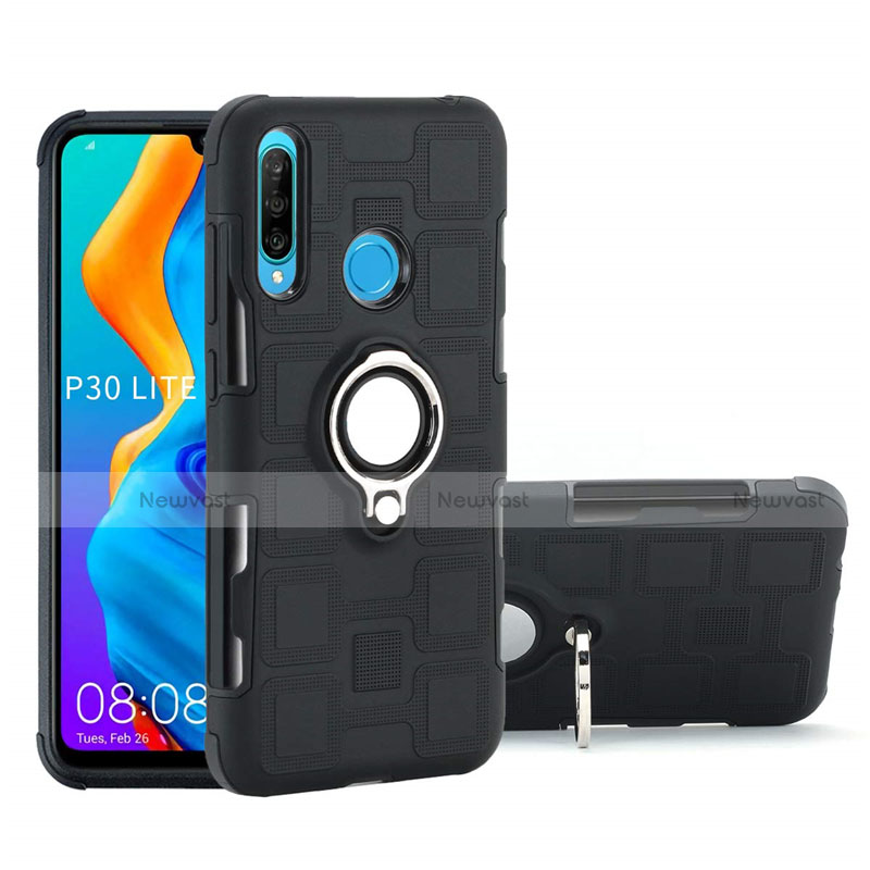 Silicone Matte Finish and Plastic Back Cover Case with Magnetic Finger Ring Stand A01 for Huawei P30 Lite Black