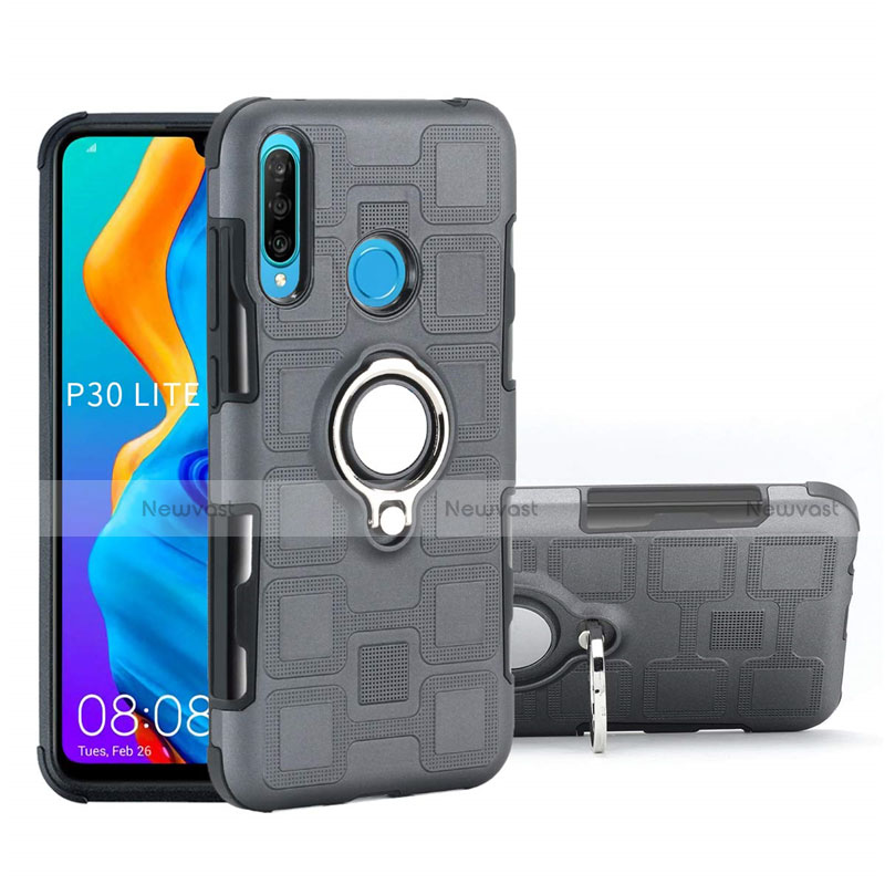 Silicone Matte Finish and Plastic Back Cover Case with Magnetic Finger Ring Stand A01 for Huawei P30 Lite Gray