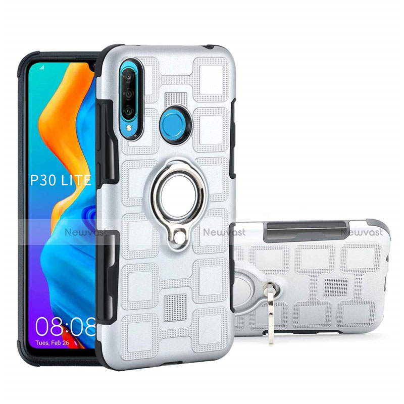 Silicone Matte Finish and Plastic Back Cover Case with Magnetic Finger Ring Stand A01 for Huawei P30 Lite XL