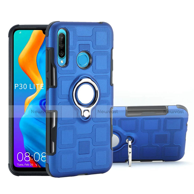 Silicone Matte Finish and Plastic Back Cover Case with Magnetic Finger Ring Stand A01 for Huawei P30 Lite XL