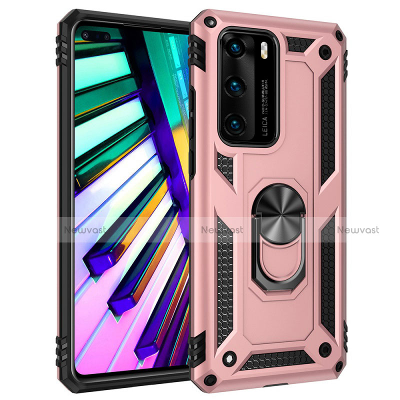 Silicone Matte Finish and Plastic Back Cover Case with Magnetic Finger Ring Stand C01 for Huawei P40