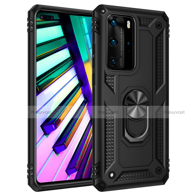 Silicone Matte Finish and Plastic Back Cover Case with Magnetic Finger Ring Stand C01 for Huawei P40 Pro