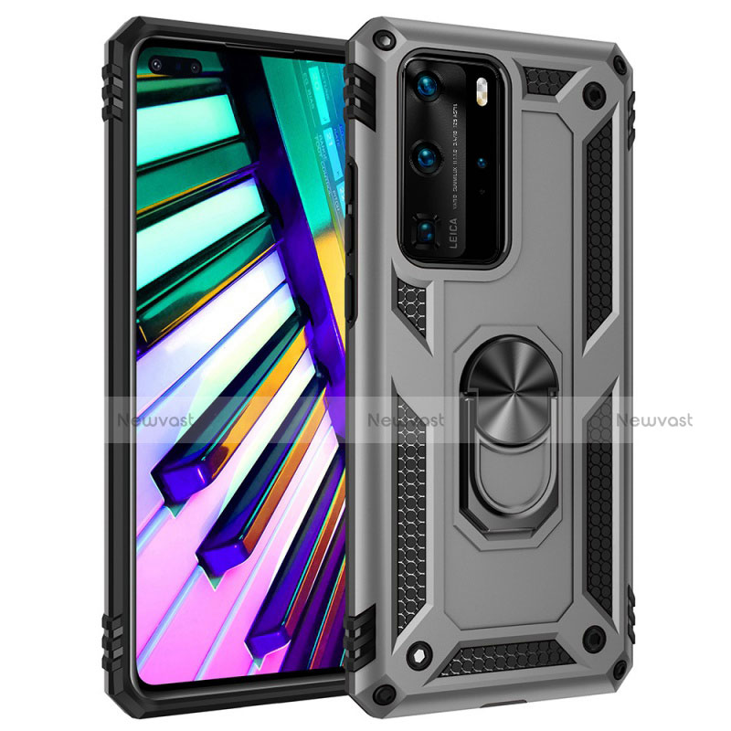 Silicone Matte Finish and Plastic Back Cover Case with Magnetic Finger Ring Stand C01 for Huawei P40 Pro