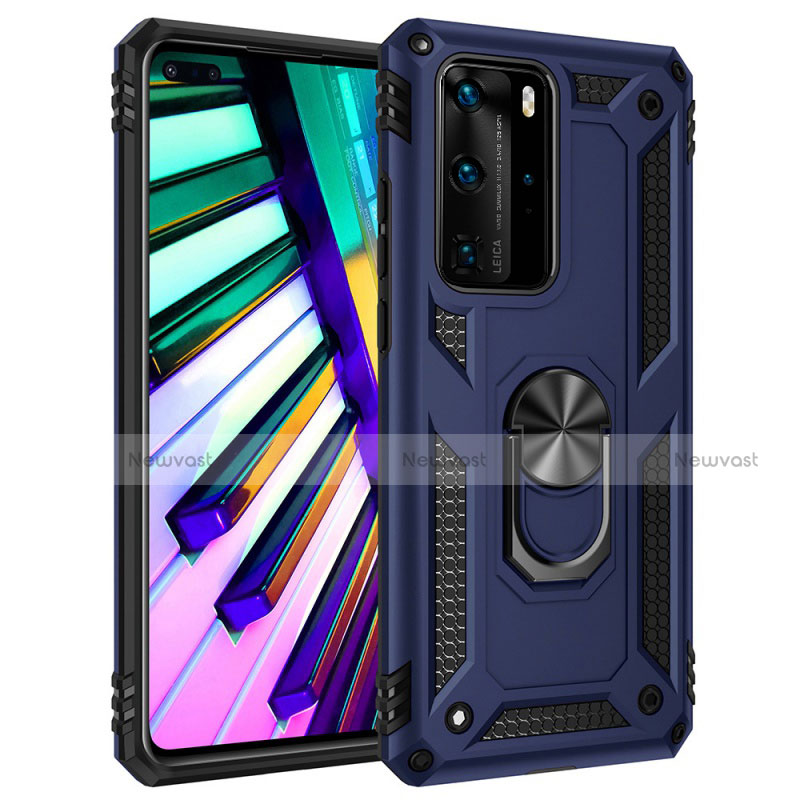Silicone Matte Finish and Plastic Back Cover Case with Magnetic Finger Ring Stand C01 for Huawei P40 Pro Blue