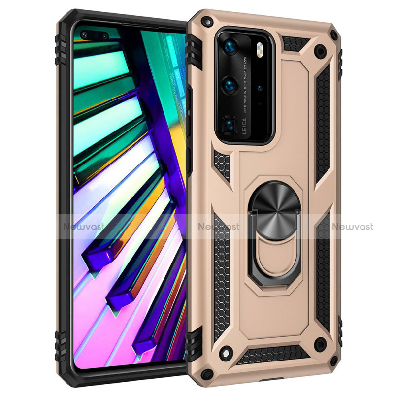 Silicone Matte Finish and Plastic Back Cover Case with Magnetic Finger Ring Stand C01 for Huawei P40 Pro Gold