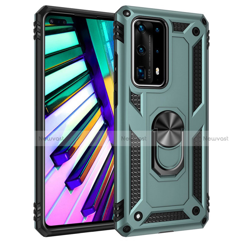 Silicone Matte Finish and Plastic Back Cover Case with Magnetic Finger Ring Stand C01 for Huawei P40 Pro+ Plus Green