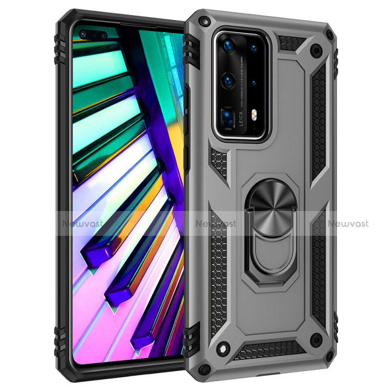 Silicone Matte Finish and Plastic Back Cover Case with Magnetic Finger Ring Stand C01 for Huawei P40 Pro+ Plus Silver