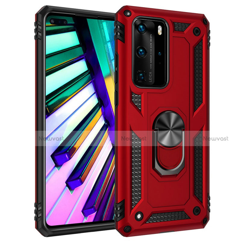 Silicone Matte Finish and Plastic Back Cover Case with Magnetic Finger Ring Stand C01 for Huawei P40 Pro Red