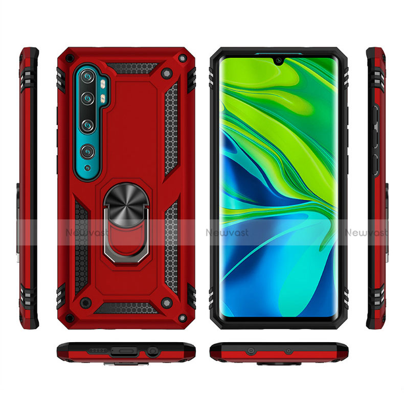 Silicone Matte Finish and Plastic Back Cover Case with Magnetic Finger Ring Stand D01 for Xiaomi Mi Note 10