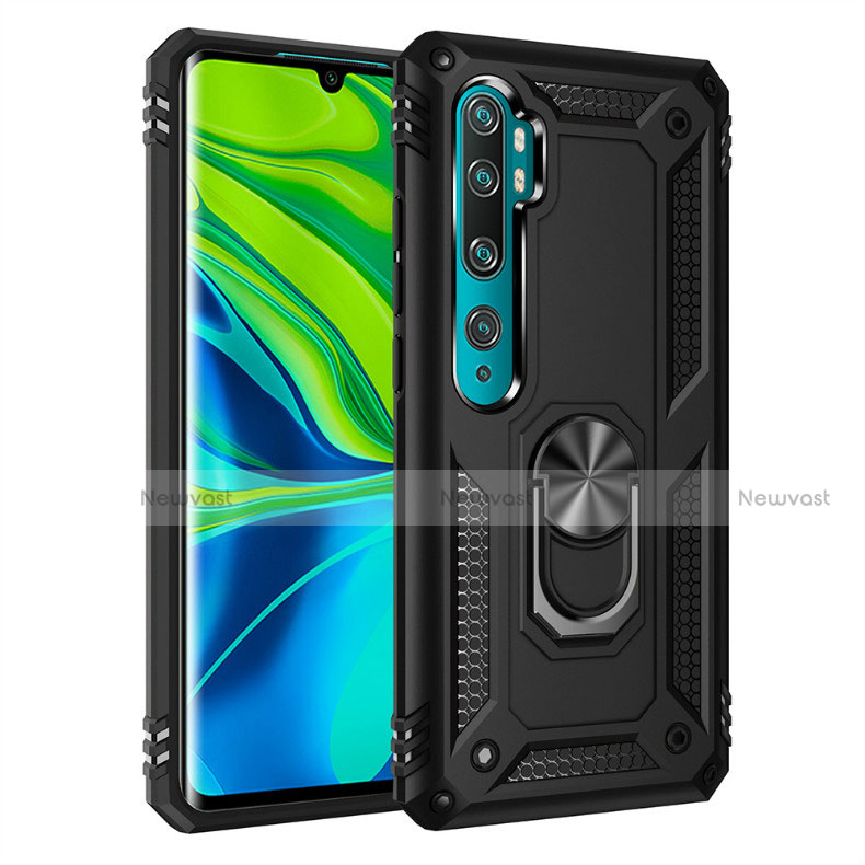 Silicone Matte Finish and Plastic Back Cover Case with Magnetic Finger Ring Stand D01 for Xiaomi Mi Note 10