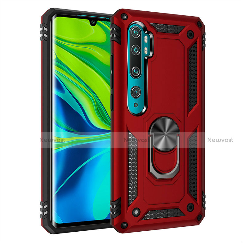 Silicone Matte Finish and Plastic Back Cover Case with Magnetic Finger Ring Stand D01 for Xiaomi Mi Note 10