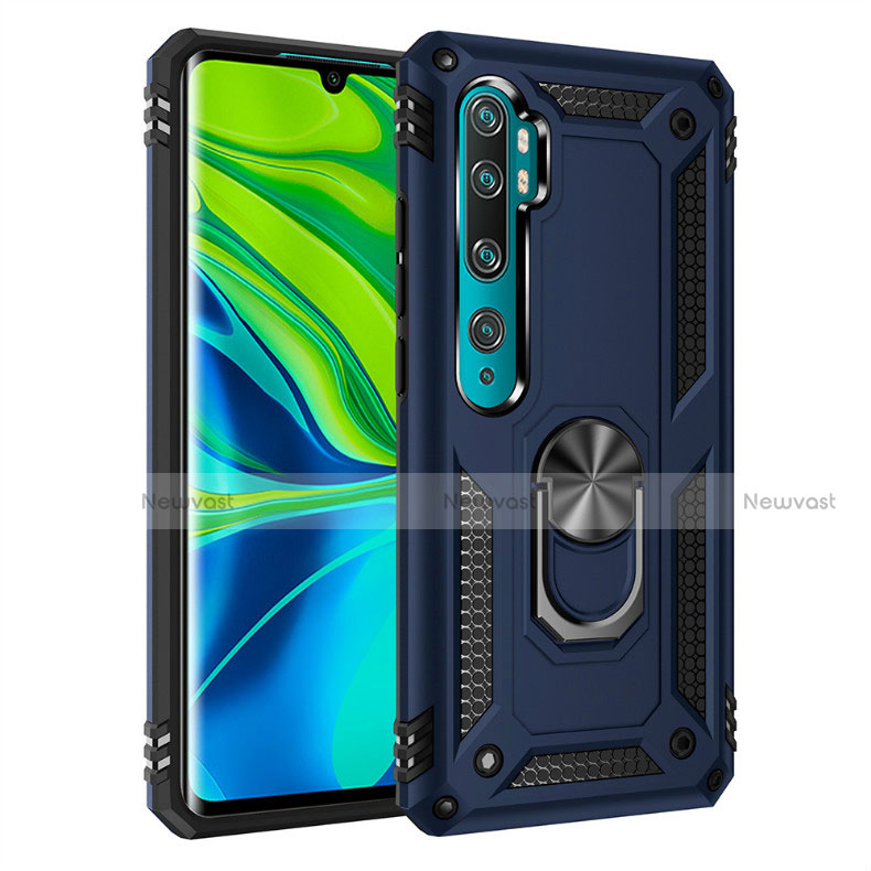 Silicone Matte Finish and Plastic Back Cover Case with Magnetic Finger Ring Stand D01 for Xiaomi Mi Note 10 Blue