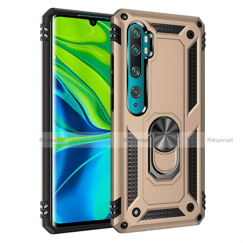 Silicone Matte Finish and Plastic Back Cover Case with Magnetic Finger Ring Stand D01 for Xiaomi Mi Note 10 Gold