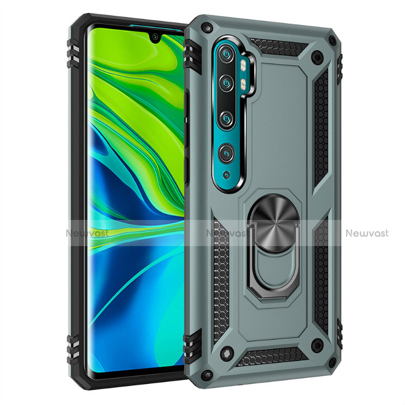Silicone Matte Finish and Plastic Back Cover Case with Magnetic Finger Ring Stand D01 for Xiaomi Mi Note 10 Green