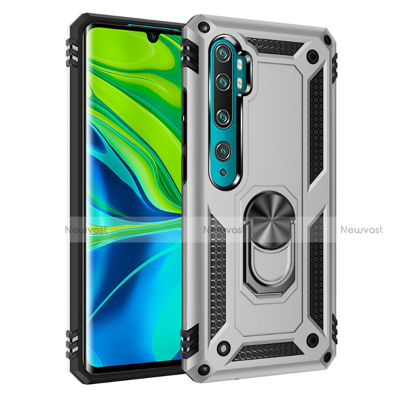 Silicone Matte Finish and Plastic Back Cover Case with Magnetic Finger Ring Stand D01 for Xiaomi Mi Note 10 Pro