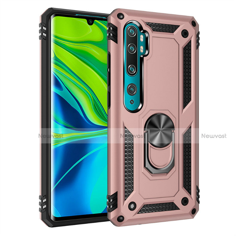 Silicone Matte Finish and Plastic Back Cover Case with Magnetic Finger Ring Stand D01 for Xiaomi Mi Note 10 Pro Rose Gold