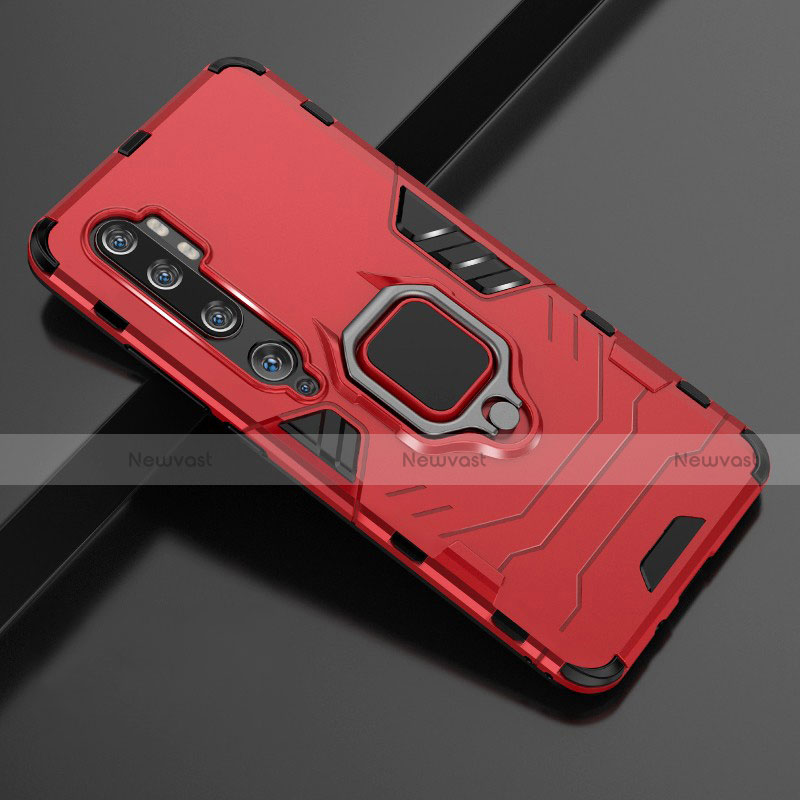 Silicone Matte Finish and Plastic Back Cover Case with Magnetic Finger Ring Stand D02 for Xiaomi Mi Note 10
