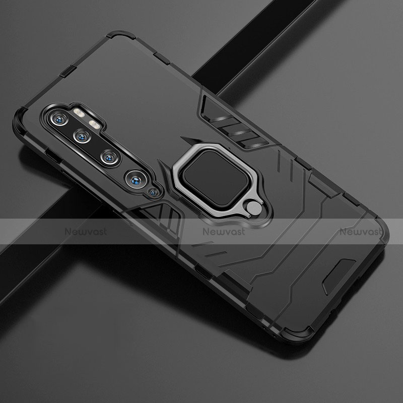 Silicone Matte Finish and Plastic Back Cover Case with Magnetic Finger Ring Stand D02 for Xiaomi Mi Note 10 Black