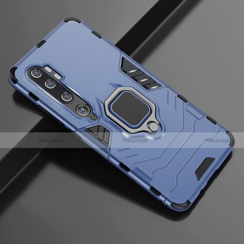 Silicone Matte Finish and Plastic Back Cover Case with Magnetic Finger Ring Stand D02 for Xiaomi Mi Note 10 Blue